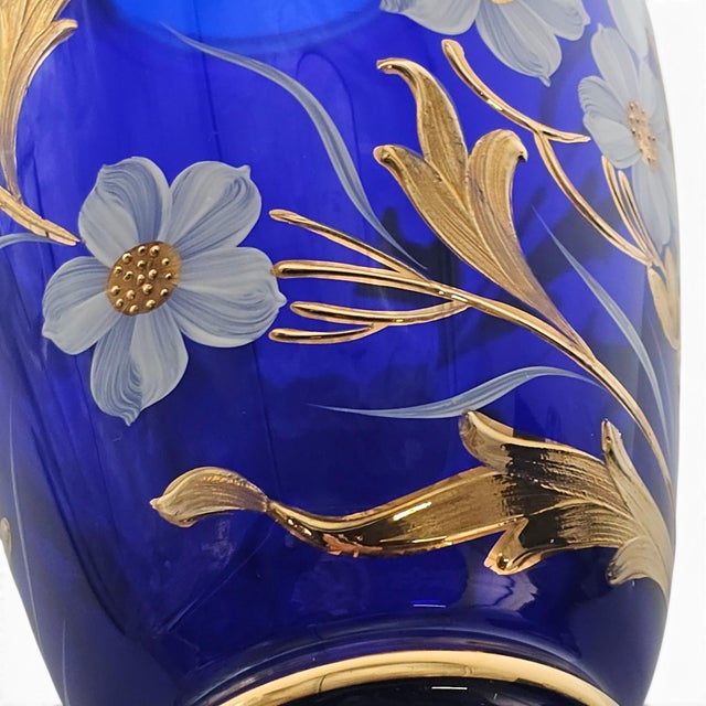Bohemian Czech Hand-Blown Cobalt Blue Enamel & Fire-Gilt Cabinet Vase 8" For Sale - Image 9 of 17