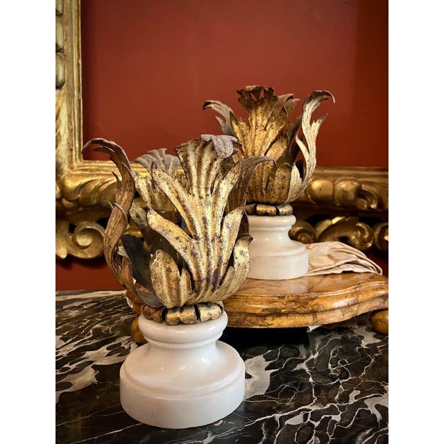 Florentine Renaissance Gilded Iron Acanthus Leaf Candleholders on Carrara Marble Bases, Set of 2 For Sale - Image 6 of 11