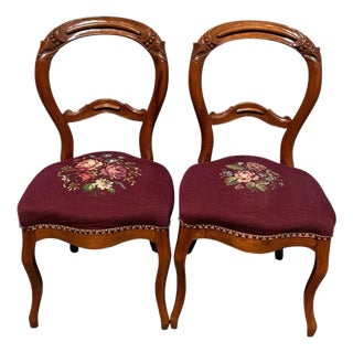 Pair Antique C1880 Victorian Walnut Side Chairs Needlepoint French Polished For Sale