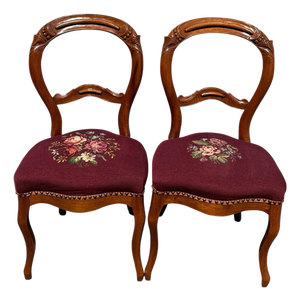 Pair Antique C1880 Victorian Walnut Side Chairs Needlepoint French Polished