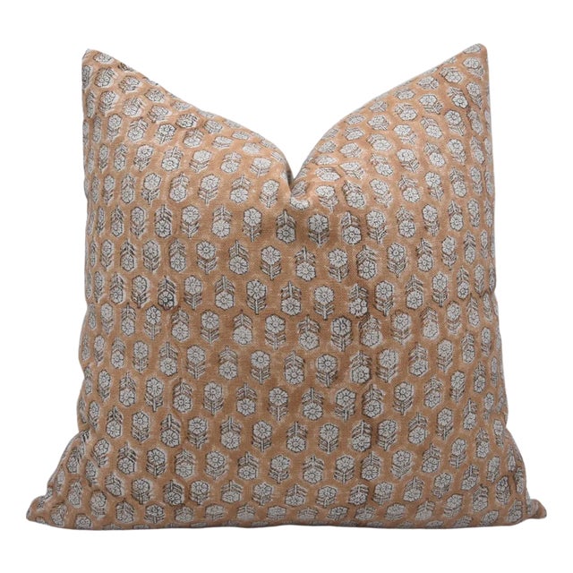 Block Printed Thick Linen Throw Pillow Cover 12x20 Inch- Tulsi Buti For Sale