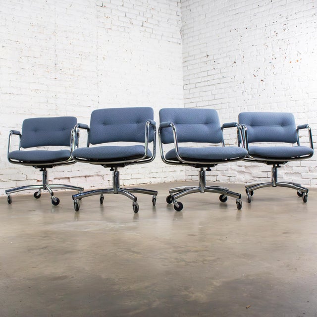 Blue Late 20th Century Modern Set of 4 Steelcase Swivel Dining or Game Chairs 4 Prong Chrome Bases W/Casters For Sale - Image 8 of 18