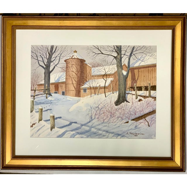 Wood Watercolor Painting of New England Barn in Winter For Sale - Image 7 of 7