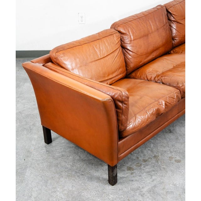 Mid Century Danish Modern Sofa Settee 3 Seater Brown Cognac Leather Denmark MCM For Sale - Image 10 of 12
