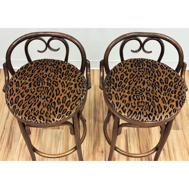 Wood Vintage Velvet Leopard Print Bentwood Bar Stools, a Pair For Sale - Image 7 of 9