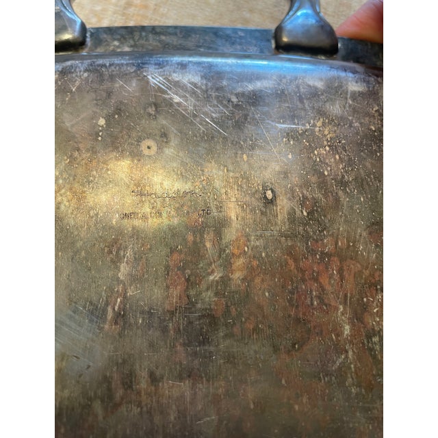 Sculpture Materials Vintage Silver Plate Butler’s Tray Ornate Floral Engraving by Haddon For Sale - Image 7 of 10