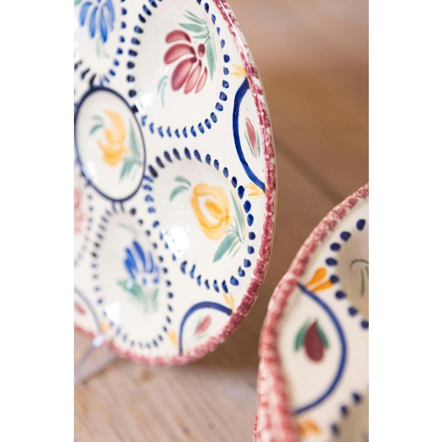 French Eight French Quimper 19th Century HB Manufacture Oyster Plates with Floral Motif For Sale - Image 3 of 7