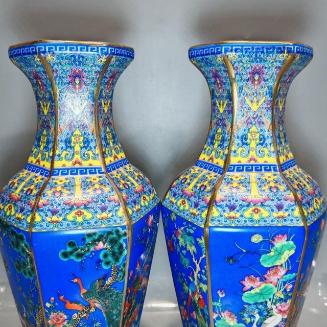 Pair of Chinese Hexagonal Blue Ground Famille Rose Peacock & Bird Porcelain Vases, Chinoiserie Decor Vessels For Sale - Image 4 of 9