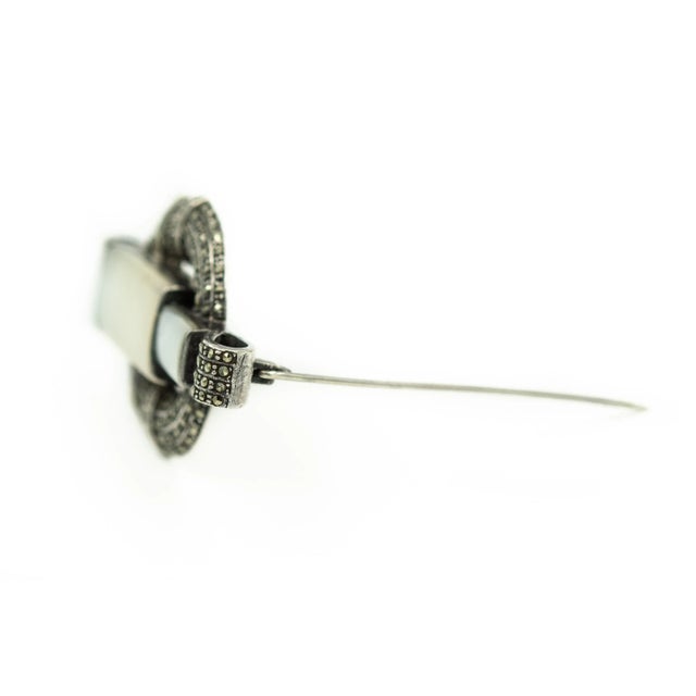 Art Deco Art Deco Style Marcasite Mother of Pearl Sterling Silver Brooch Earrings Suite - 3 Pieces For Sale - Image 3 of 8