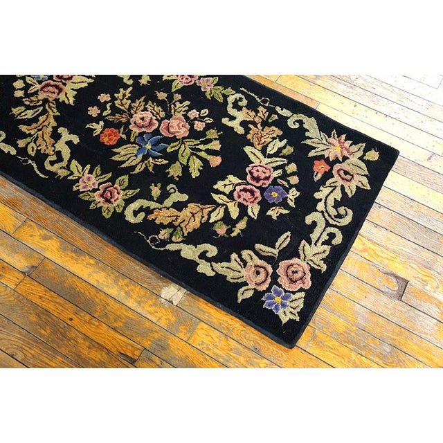 American 1920s Black Floral Folk Art Antique American Hooked Rug 2'4" X 4'2" Handwoven Wool Carpet For Sale - Image 3 of 5