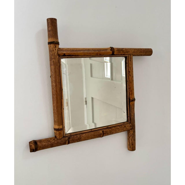 Rustic Facet Cut Glass Mirror with Bamboo Frame, France, 1940s For Sale - Image 4 of 8