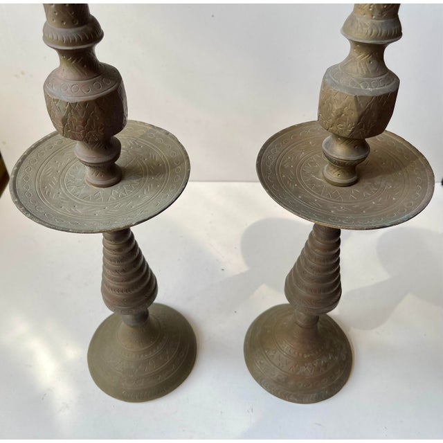 1960s Vintage Moroccan Altar Candleholders in Engraved Brass, 1960s, Set of 2 For Sale - Image 5 of 10