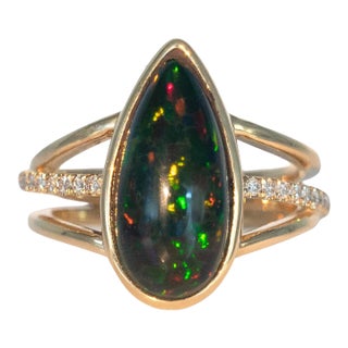3.2cts Black Opal Ring With Natural Diamonds Accents: Solid 14k Gold, Size 6.75 For Sale