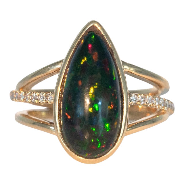 3.2cts Black Opal Ring With Natural Diamonds Accents: Solid 14k Gold, Size 6.75 For Sale
