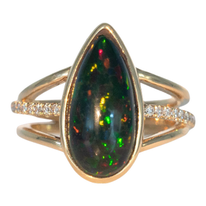 3.2cts Black Opal Ring With Natural Diamonds Accents: Solid 14k Gold, Size 6.75