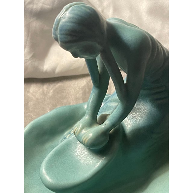Ceramic Van Briggle Pottery Vintage Ming Blue Native American Indian Girl Grinding Corn Maize For Sale - Image 7 of 12