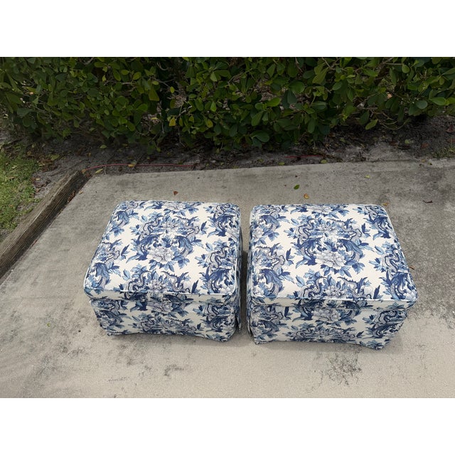 Vintage Baker Ottomans Upholstered in Ralph Lauren Nanking Dragon Fabric, a Pair For Sale - Image 15 of 15