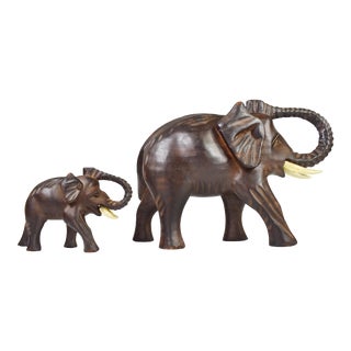 Hand Carved Solid Wood Mother and Baby Elephant Trunk Up Figurines - a Pair For Sale