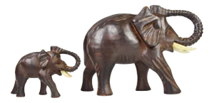 Hand Carved Solid Wood Mother and Baby Elephant Trunk Up Figurines - a Pair