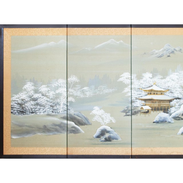 Japanese 1960s Shōwa Era Japanese Silk Byobu Screen "Mountain Landscape in Winter" For Sale - Image 3 of 18