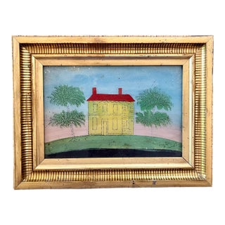 Antique 19th Century American Folk Art Primitive Eglomise Reverse Painting on Glass of a Federal House in a Landscape For Sale