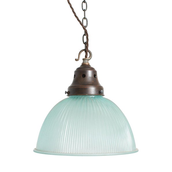 Antique Light Blue Tint Pendant from Holophane, 1930s For Sale