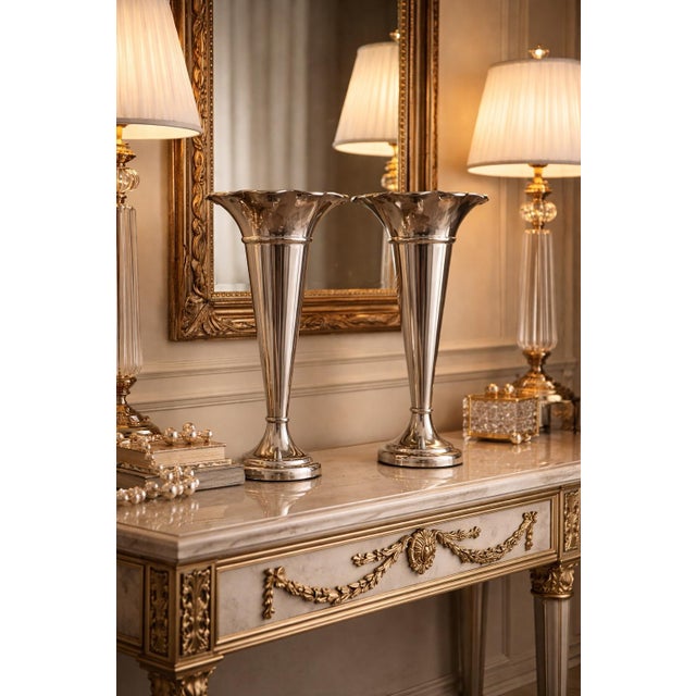 Pair of Vintage Silverplate Fluted Trumpet Vases – Scalloped Rim Wedding Centerpiece Floral Vases (12”) For Sale - Image 4 of 6