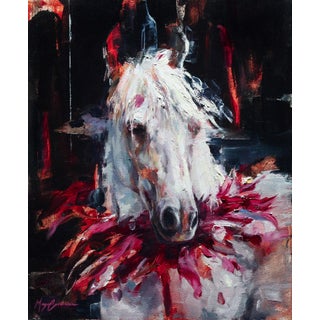 Horse Feathers by Morgan Cameron | Oil on Panel Portrait of a white horse with feathers. For Sale