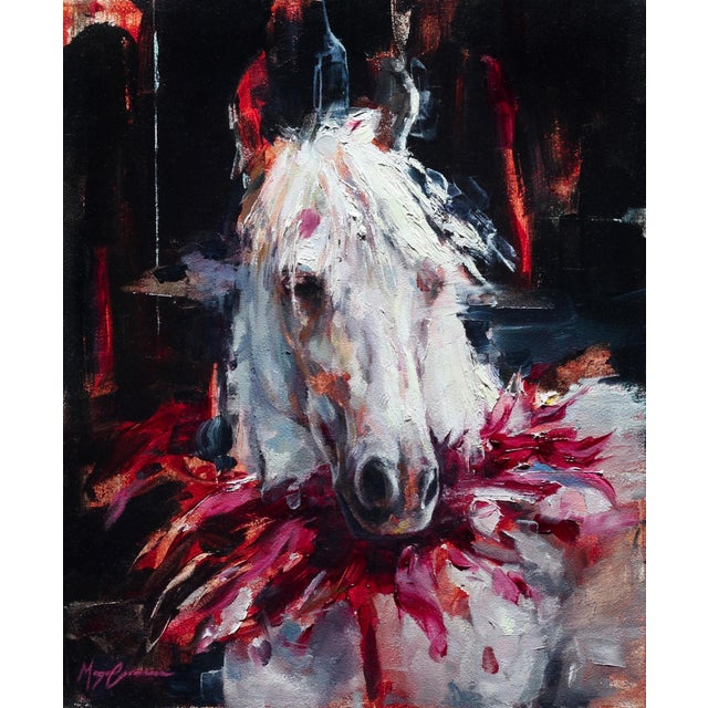 Horse Feathers by Morgan Cameron | Oil on Panel Portrait of a white horse with feathers. For Sale
