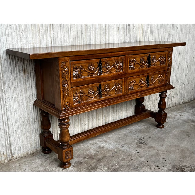 Spanish Spanish Console Chest Table With Four Carved Drawers and Original Hardware For Sale - Image 3 of 12