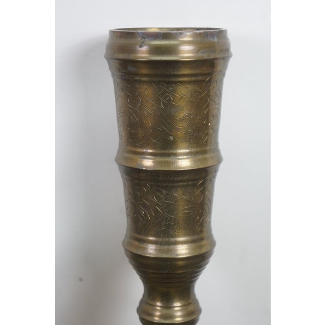 Metal Mid 20th Century 2 Moroccan Etched Brass Altar Floor Candlesticks Candle Holders 36" For Sale - Image 7 of 13