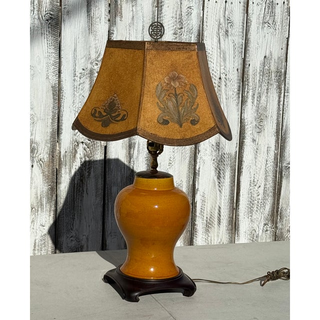 1940s Eggyolk Chinese &Terracotta Color Lamp With Custom Floral With Hand Painted Parchment Shade For Sale - Image 17 of 18