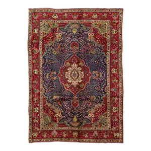 Medallion Designed Handmade Vintage Tabriz Wool Rug in Blue 7 X 9