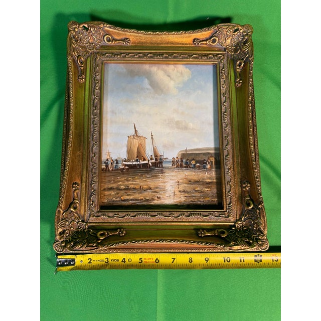 Original Marine Oil Painting, Fishing Boat Beached at Low Tide, in Gilt Frame For Sale - Image 4 of 6