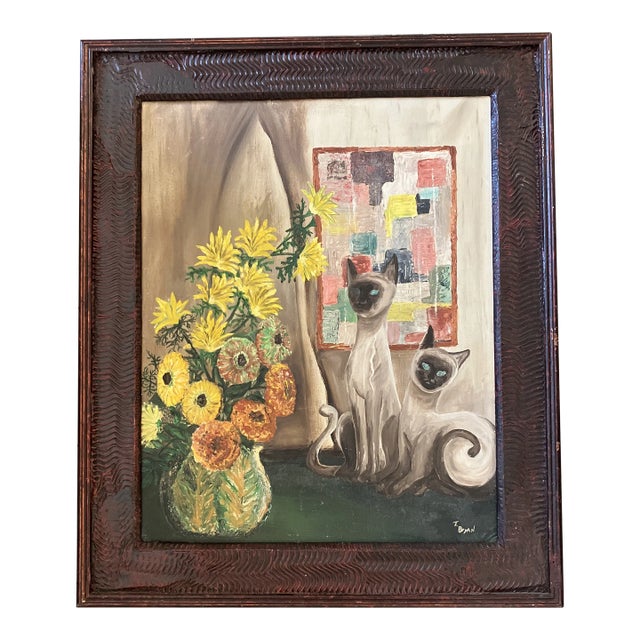 1960’s Original Interior Still Life Painting With Siamese Cats Hand Made Frame For Sale