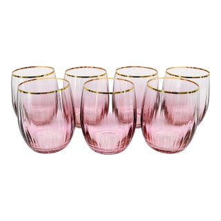 Pink Waterfall 24k Gold Stemless Wine Glasses by Anthropologie – Set of 7 Czech Hand Painted Crystalline For Sale