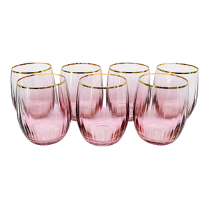 Pink Waterfall 24k Gold Stemless Wine Glasses by Anthropologie – Set of 7 Czech Hand Painted Crystalline