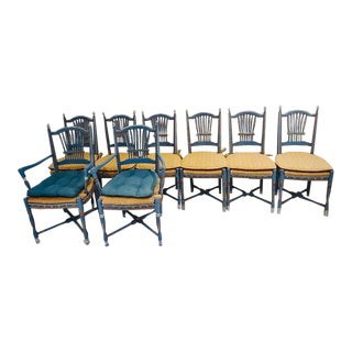 Vintage French Country Set of 8 Dining Chairs Painted Blue With a Charming Design-Finials-Rush Woven Seats For Sale