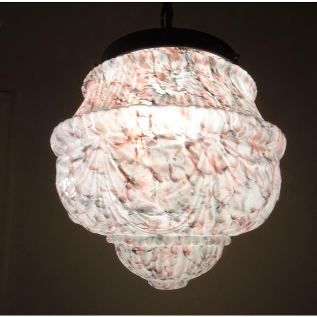 1920s Art Deco Opaline Pate de Verre Chandelier with Relief Decorations, 1920s For Sale - Image 5 of 17