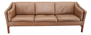Vintage Danish Three-Seater Brown Leather Sofa with Beech Frame, 1970s