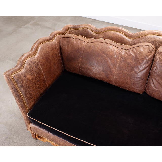 Country English Style Distressed Leather and Walnut Sofa For Sale - Image 10 of 18