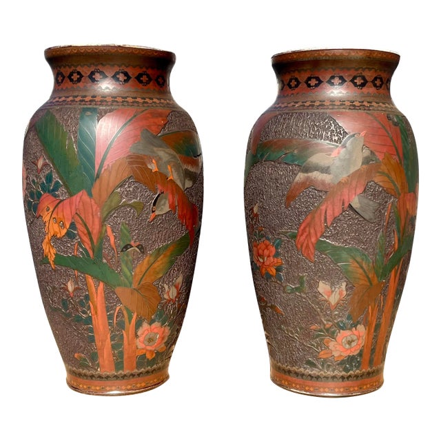 Antique 19th-Century Japanese Cloisonné Porcelain”Tree Bark” Baluster Vases- a Pair For Sale