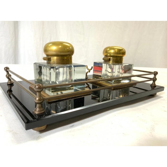 Antique Crystal and Brass Double Inkwells With Footed Base For Sale - Image 4 of 7