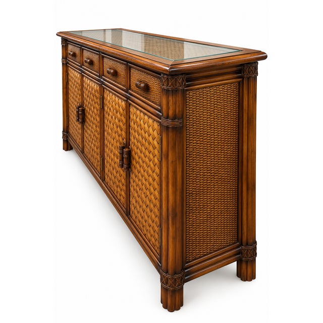 Vintage Rattan and Bamboo-Style Sideboard With Glass-Inset Top – Tropical Regency Cabinet For Sale - Image 4 of 9