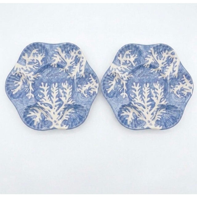 Pair of Italian Les Ottomans Hand-Painted Blue Coral Oyster Plates For Sale - Image 4 of 11