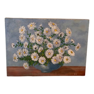 1970s Francis “Duke” Downs Palm Beach Florida Original Oil on Canvas White Daisy Still Life, 22” X 30” For Sale
