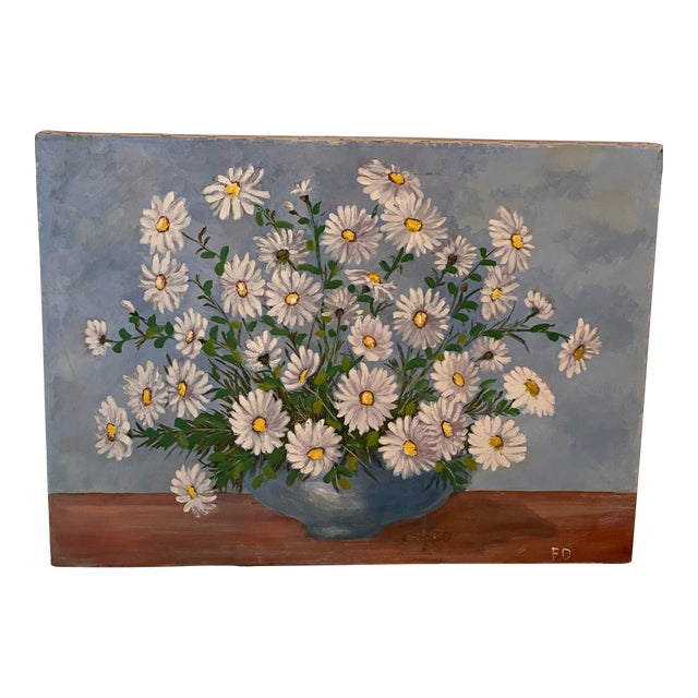 1970s Francis “Duke” Downs Palm Beach Florida Original Oil on Canvas White Daisy Still Life, 22” X 30” For Sale