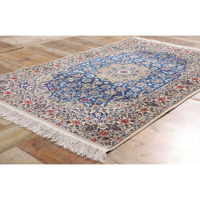 Textile Vintage Blue Persian Wool & Silk Nain Rug, 03'11 X 06'03 For Sale - Image 7 of 9
