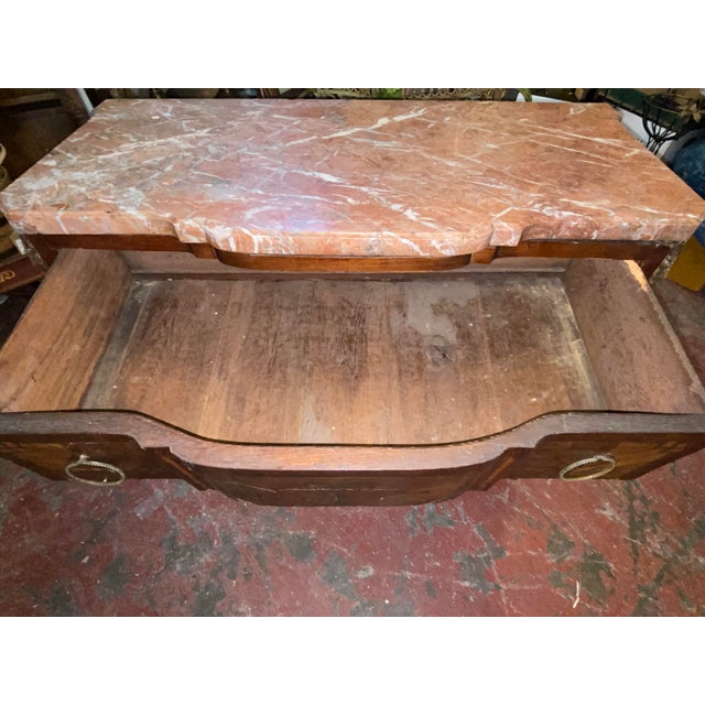 Antique French Louis XV - XVI Style Marble Top and Marquetry Inlaid Commode For Sale - Image 11 of 13