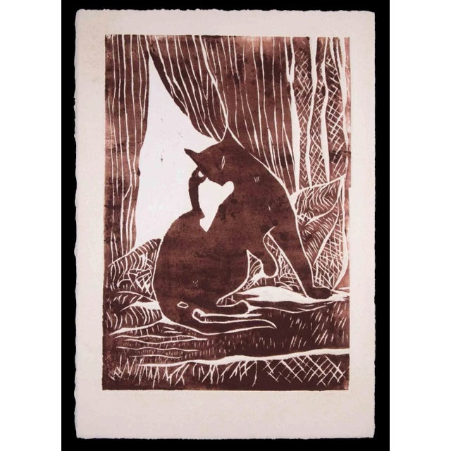 Giselle Halff, Le Chat, Original Woodcut, Mid-20th Century For Sale - Image 3 of 3